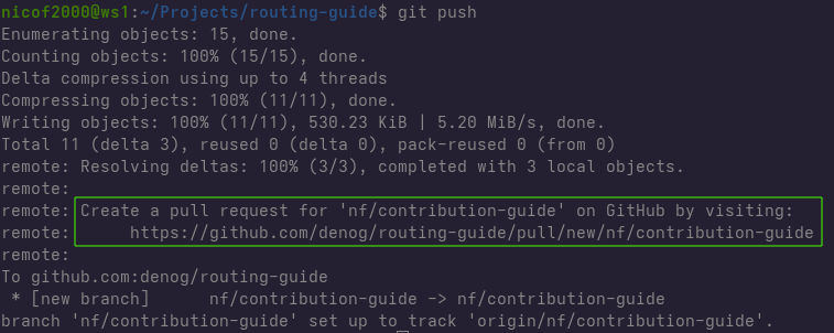 git push shows a link to create the pull request